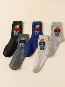 5 Pairs Cute Cartoon Bear Design Fashionable, Comfortable & Breathable Women's Mid-Calf Socks, Suitable For Easter, Fall