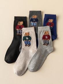 5 Pairs Cute Cartoon Bear Design Fashionable, Comfortable & Breathable Women's Mid-Calf Socks, Suitable For Easter, Fall