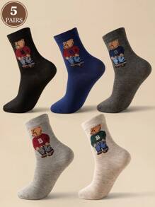 5 Pairs Cute Cartoon Bear Design Fashionable, Comfortable & Breathable Women's Mid-Calf Socks, Suitable For Easter, Fall
