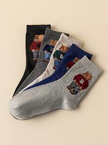 5 Pairs Cute Cartoon Bear Design Fashionable, Comfortable & Breathable Women's Mid-Calf Socks, Suitable For Easter, Fall