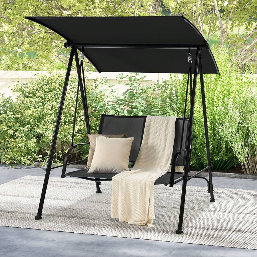 2-Person Patio Swing Seat Swing Bench Canopy Swing Loveseat Outdoor - Black - View 1