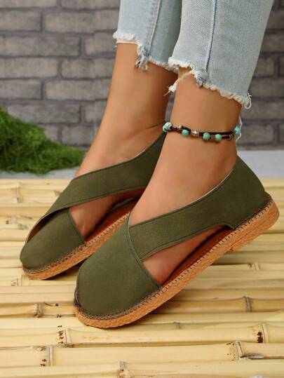 Sandálias femininas estilo britânico vintage com bico redondo, confortáveis, casuais, leves, respiráveis, sola macia, fivela antiderrapante, sandálias romanas minimalistas, verde militar