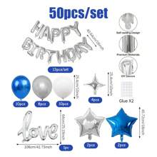 50 Stück blaues Geburtstags-Dekorationsset, beinhaltet silberner Geburtstags-Luftballon-Banner, blaue metallic Latex-Luftballons, Sternfolien-Luftballons mit Klebepunkten und weißen Bändern, geeignet für blaues Geburtstags-Thema, Dekorationen für Geburtstage von Männern und Frauen, Geburtstagsfeier, Hintergrunddekorationen für Hauspartys