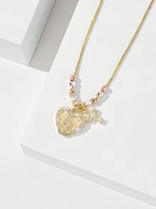 1 pieza Collar con colgante de la Virgen María de cruz tricolor, de estilo europeo y americano, hecho a mano con cuentas de cobre chapado, adecuado para regalos, parejas, amigos, uso diario - Amarillo Oro - Ver 2