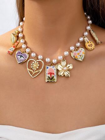 1pc Heart Locket, Cherry, Cowboy Hat, Boots, Bow, Key Multi Charm Necklace, Boho Faux Pearl Beaded Necklace With Charms (Handmade, Shape And Color Have Random Variations) Valentines,Mom,Mother,Mother's Day,Gift