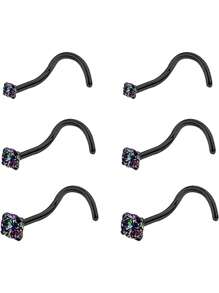 3 pares de anillos / pendientes para la nariz de acero inoxidable con piedras de circonita cúbica redondas en forma de "L" para mujeres y hombres, juego de joyas para perforación de la nariz de color negro