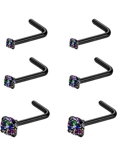 3 pares de anillos / pendientes para la nariz de acero inoxidable con piedras de circonita cúbica redondas en forma de "L" para mujeres y hombres, juego de joyas para perforación de la nariz de color negro