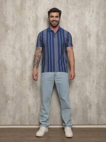 OZON Men's Polo Shirt With Vertical Stripes - 藍色和黑色 - 查看 4
