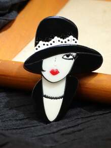 1pc Handmade Retro Modern Woman With Hat Acrylic Brooch, Vintage Cartoon Character Portrait Pins