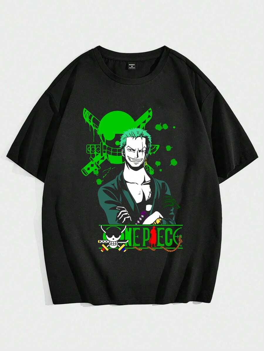 Anime Zoro One Piece Otaku T-Shirt 100% Cotton Plus Size Yarn 30.1 - 黑色 - 查看 1