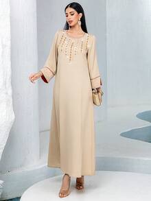 Khaki Textured Comfortable Casual Dress With Hand-Sewn Rhinestone Pearl Decor, Suitable For Daily Occasions And Gatherings,Modest - Khaki - View 3