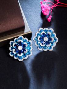 1pair Glittering Multiple Blue Cubic Zirconia Paved Geometric Chunky Flower Big Stud Earrings For Women Luxury Wedding Banquet Pageant Jewelry