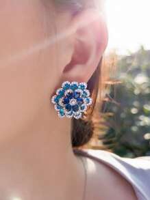 1pair Glittering Multiple Blue Cubic Zirconia Paved Geometric Chunky Flower Big Stud Earrings For Women Luxury Wedding Banquet Pageant Jewelry