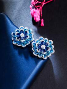 1pair Glittering Multiple Blue Cubic Zirconia Paved Geometric Chunky Flower Big Stud Earrings For Women Luxury Wedding Banquet Pageant Jewelry