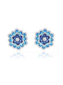 1pair Glittering Multiple Blue Cubic Zirconia Paved Geometric Chunky Flower Big Stud Earrings For Women Luxury Wedding Banquet Pageant Jewelry