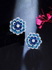 1pair Glittering Multiple Blue Cubic Zirconia Paved Geometric Chunky Flower Big Stud Earrings For Women Luxury Wedding Banquet Pageant Jewelry