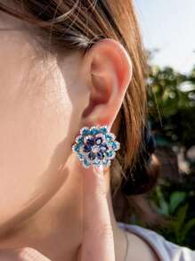 1pair Glittering Multiple Blue Cubic Zirconia Paved Geometric Chunky Flower Big Stud Earrings For Women Luxury Wedding Banquet Pageant Jewelry
