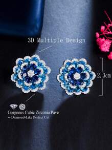 1pair Glittering Multiple Blue Cubic Zirconia Paved Geometric Chunky Flower Big Stud Earrings For Women Luxury Wedding Banquet Pageant Jewelry