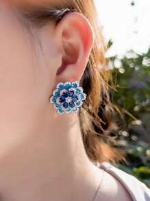 1pair Glittering Multiple Blue Cubic Zirconia Paved Geometric Chunky Flower Big Stud Earrings For Women Luxury Wedding Banquet Pageant Jewelry