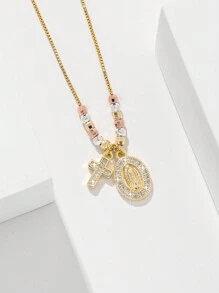 1 pièce Collier pendentif croix de prêtre avec perles en cuivre de style européen et américain, hypoallergénique, fait main, à 3 couleurs, pour le 25e anniversaire. Convient pour les cadeaux, les couples, les amis, l'usage quotidien, les fêtes, les prières