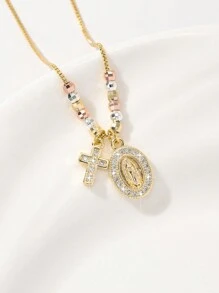 1 pièce Collier pendentif croix de prêtre avec perles en cuivre de style européen et américain, hypoallergénique, fait main, à 3 couleurs, pour le 25e anniversaire. Convient pour les cadeaux, les couples, les amis, l'usage quotidien, les fêtes, les prières