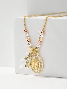1 pièce Collier pendentif croix de prêtre avec perles en cuivre de style européen et américain, hypoallergénique, fait main, à 3 couleurs, pour le 25e anniversaire. Convient pour les cadeaux, les couples, les amis, l'usage quotidien, les fêtes, les prières