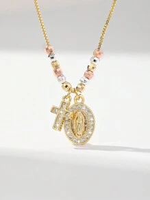 1 pièce Collier pendentif croix de prêtre avec perles en cuivre de style européen et américain, hypoallergénique, fait main, à 3 couleurs, pour le 25e anniversaire. Convient pour les cadeaux, les couples, les amis, l'usage quotidien, les fêtes, les prières