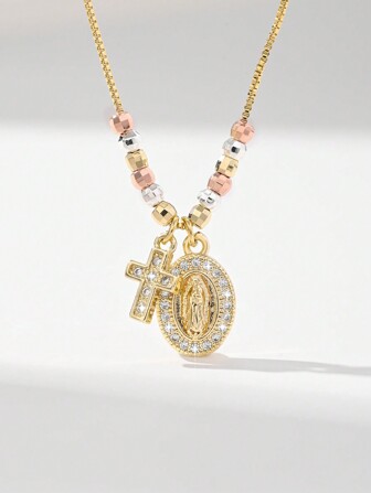 1pc European Style Handmade Beaded Plated 3-Color Catholic Virgin Mary Cross Pendant Necklace, Suitable As Gift For Mother, Couples, Sisters, Friends, For Daily Or Festival Praying Wear