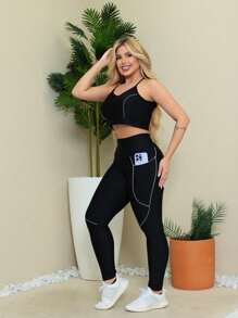Women's Gym Set, Pants And Top With Pocket - 黑與白 - 查看 2