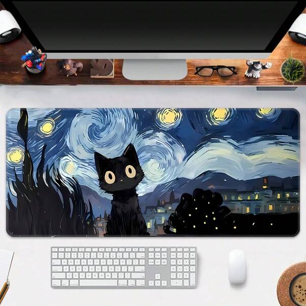 Van Gogh Starry Sky Cat Cute Oversized Mouse Pad, Gaming Desk Mat, Large Keyboard Pad, Washable, Rubber Anti-Slip Bottom, Locked Edge Design, Gift Mouse Pad, Desktop Protector, Study Desk Pad, Multi-Size Available, Computer Keyboard Mat, Laptop Pad Back To School