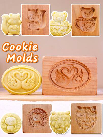 Cippes 1PC Wood Cookie Mold With Animals Patterns, For Christmas Baking, 3D Carved Embossed Biscuit Cutter Moulds With Fish, Bird, Bear, Sheep, Tiger, Horse, Squirre, Swan Patterns