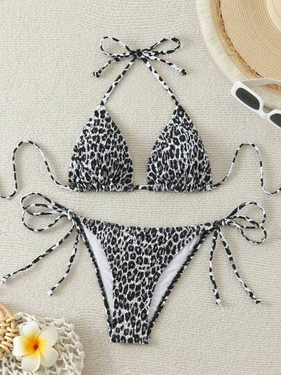 New Hot Spring Split Swimsuit Women's Fashion Leopard Point Pleated Bikini Hot Selling Wild Beach Neck Hanging Sexy Two-Piece Set Hot Spring Party Hot Selling Swimsuits,Sexy Bandeau Tie-Up Women's Bikini Swimwear, European And American Style Summer