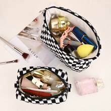 2 pezzi Borsa porta trucchi grande in tela a quadri, borsa da toilette per viaggio con grande capacità, accessori estetici per organizzare pennelli trucco, borsa per lo stoccaggio per donne, mix a quadri verde