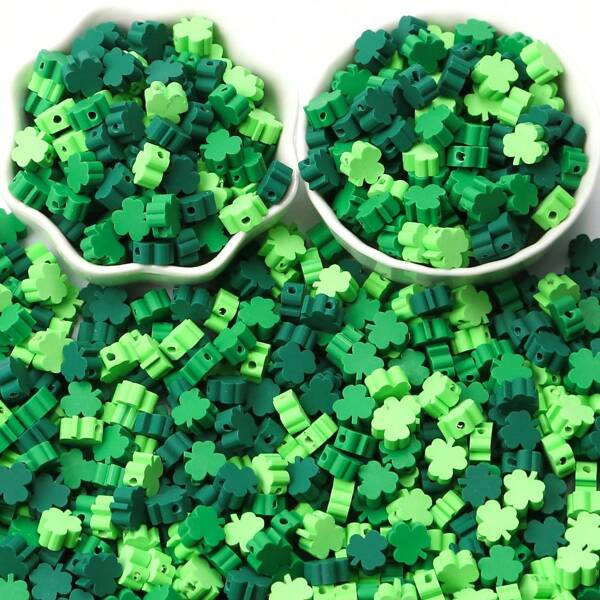 50/100pcs St. Patrick's Day Green Clover Polymer Clay Beads, For Jewelry Making, DIY Necklace, Bracelet, Earrings And Craft Projects