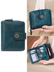 CHARM INFINITE Ví nữ rỗng mới có nhiều ngăn đựng thẻ, khóa kéo, ví da thời trang, túi đựng tiền xu cổ điển châu Âu, ví ngắn làm quà tặng cho phụ nữ - Màu xanh ngọc - Xem 2