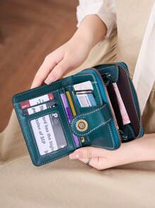 CHARM INFINITE Ví nữ rỗng mới có nhiều ngăn đựng thẻ, khóa kéo, ví da thời trang, túi đựng tiền xu cổ điển châu Âu, ví ngắn làm quà tặng cho phụ nữ - Màu xanh ngọc - Xem 5