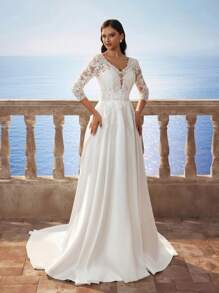 HEARBOBO 华丽优雅高贵长袖奢华花卉蕾丝透明性感V领新娘婚纱 - 白色 - 查看 8