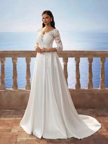 HEARBOBO 华丽优雅高贵长袖奢华花卉蕾丝透明性感V领新娘婚纱 - 白色 - 查看 9