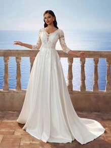 HEARBOBO 华丽优雅高贵长袖奢华花卉蕾丝透明性感V领新娘婚纱 - 白色 - 查看 10