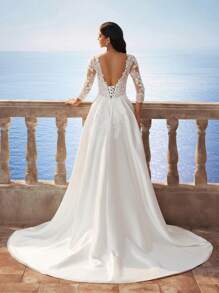 HEARBOBO 华丽优雅高贵长袖奢华花卉蕾丝透明性感V领新娘婚纱 - 白色 - 查看 5