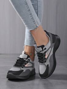 Women's Color Block Lace-Up Athletic Running Shoes, Flying Woven Lightweight Fashion Casual Sneakers For Outdoor - Dark Grey - View 2