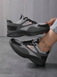Women's Color Block Lace-Up Athletic Running Shoes, Flying Woven Lightweight Fashion Casual Sneakers For Outdoor - Dark Grey - View 5