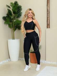 Women's Gym Set, Pants And Top With Pocket - 黑與白 - 查看 6