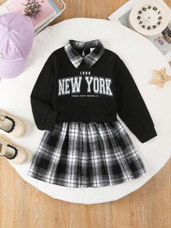 Girl Polo Collar Letter Print Long Sleeve Plaid Skirt 2pcs Set