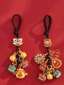 1 件古代金色财神钥匙扣吊坠配吞金兽、三口之家、汽车、包包和钥匙扣铜饰品 - 彩色 - 查看 1
