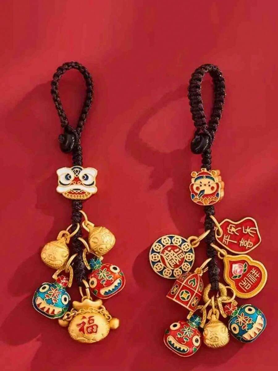 1 件古代金色财神钥匙扣吊坠配吞金兽、三口之家、汽车、包包和钥匙扣铜饰品 - 彩色 - 查看 1