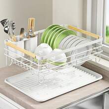 Living And Home Kitchen Countertop Stainless Steel Dish Drainer Rack,Cutlery Holder Dish Drying Rack With Wooden Handle,Kitchen Organizer Storage Shelf - White - View 3