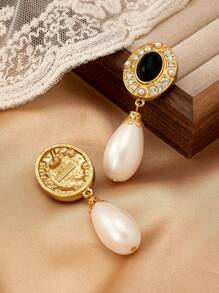 1 对复古水钻和人造珍珠吊坠耳环，适合女士佩戴，优雅百搭，适合各种场合