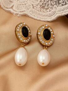 1 对复古水钻和人造珍珠吊坠耳环，适合女士佩戴，优雅百搭，适合各种场合