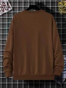 Men's Regular Fit Christmas Letter Print Crew Neck Long Sleeve Sweatshirt, Spring/Autumn - Coffee Brown - View 3